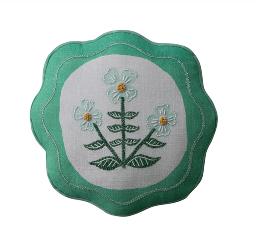 13 - 1/2" Round Cotton Scalloped Pillow with Embroidery & Velvet Back - Needle and Grain