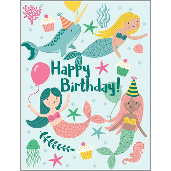 Birthday Greeting Card - Mermaids and Balloons