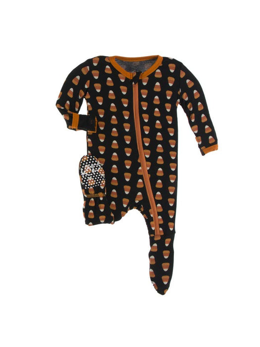 Print Footie with Zipper in Midnight Candy Corn