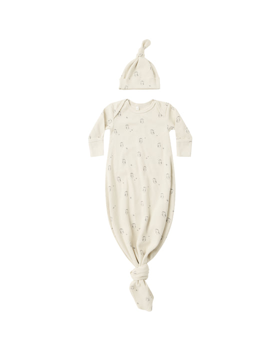 Knotted Baby Gown + Hat Set in Owls