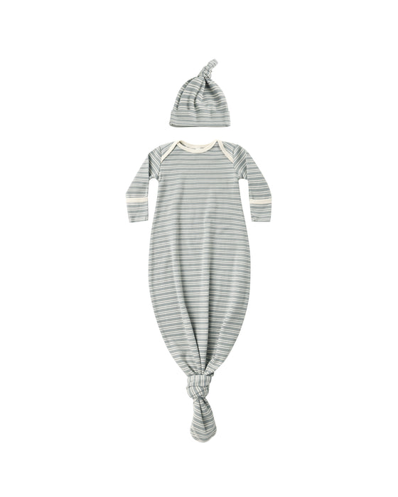 Knotted Baby Gown + Hat Set in Steel Blue Micro Stripe