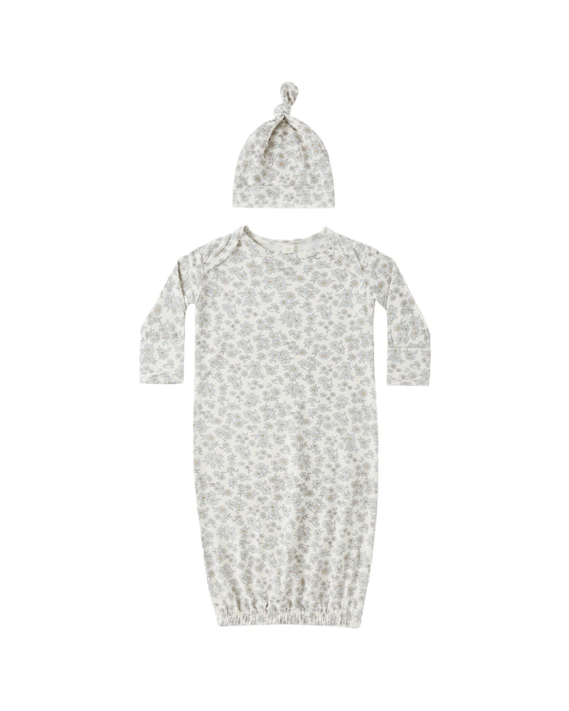 Bamboo Baby Gown + Hat Set in Blue Floral - Needle and Grain