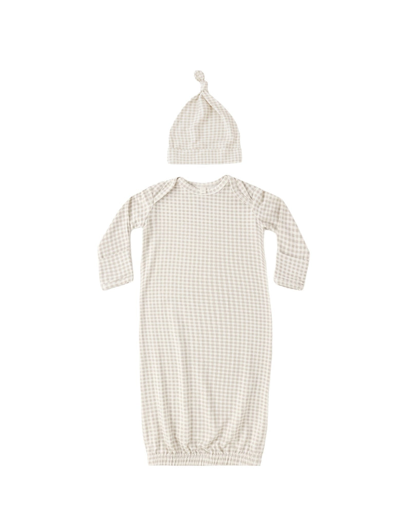 Bamboo Baby Gown + Hat Set in Oat Gingham - Needle and Grain