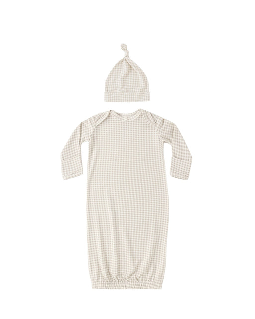 Bamboo Baby Gown + Hat Set in Oat Gingham - Needle and Grain