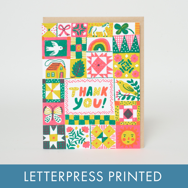 Folk Quilt Thank You Letterpress Greeting Card