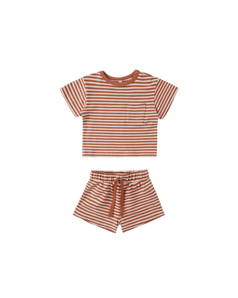 Boxy Pocket Tee + Short Set in Poppy Stripe - Needle and Grain