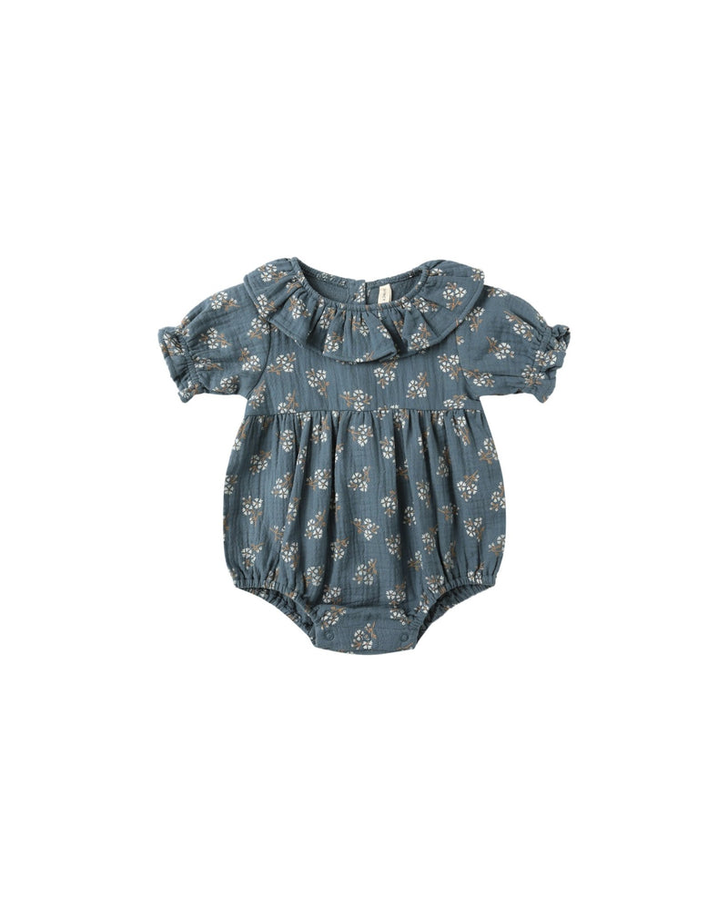 Collared Romper in Blue Floral - Needle and Grain