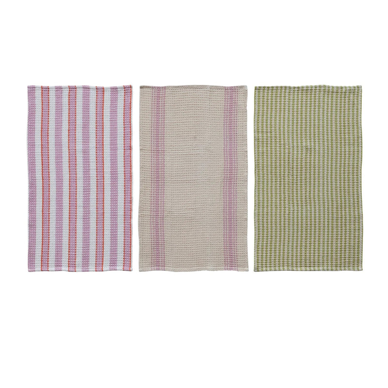 Cotton Waffle Weave Tea Towel with Stripes - Needle and Grain