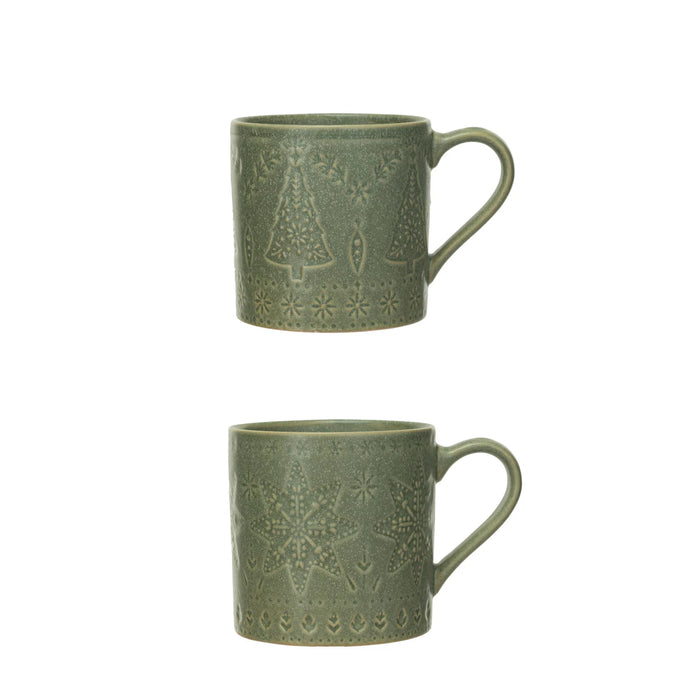 Green Debossed Stoneware Mug