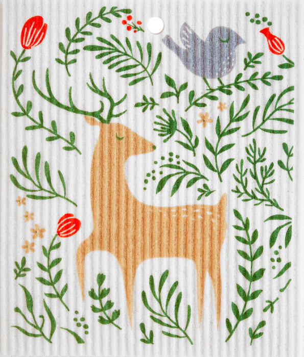 Floral Deer and Bird Swedish Dish Cloth