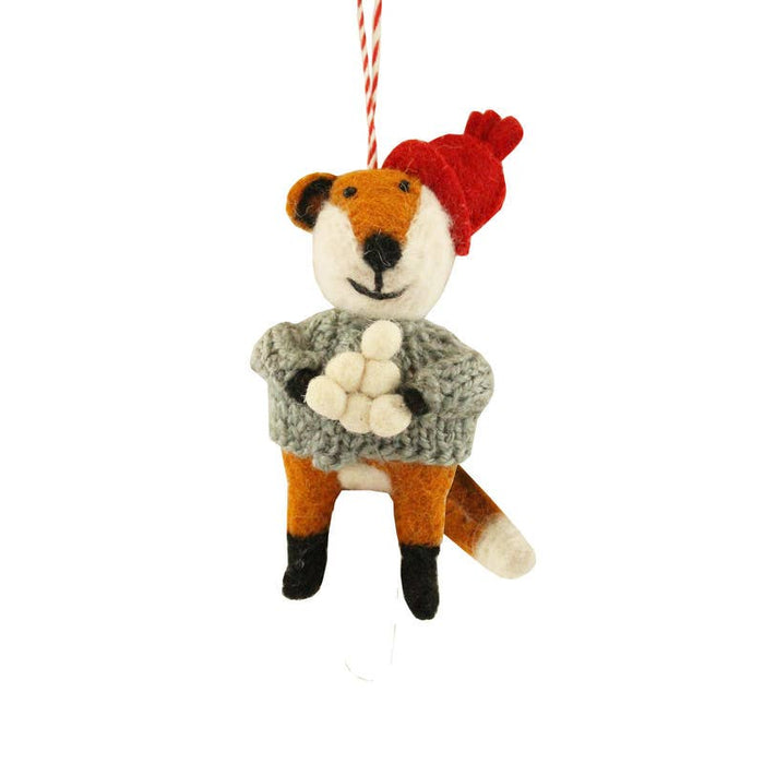 Fox with Snowballs Felt Ornament