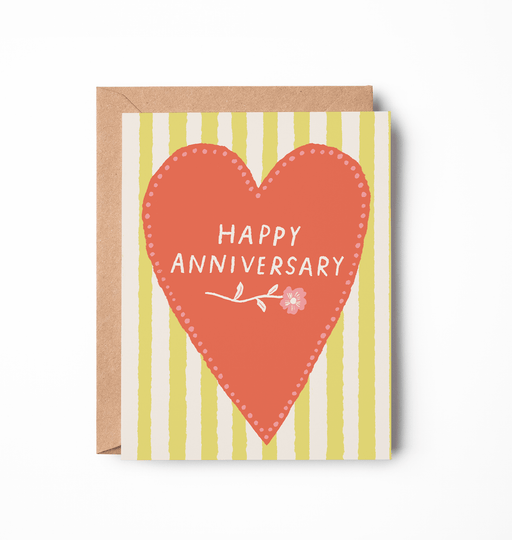 Happy Anniversary Card | Big Red Heart with Yellow Stripes - Needle and Grain