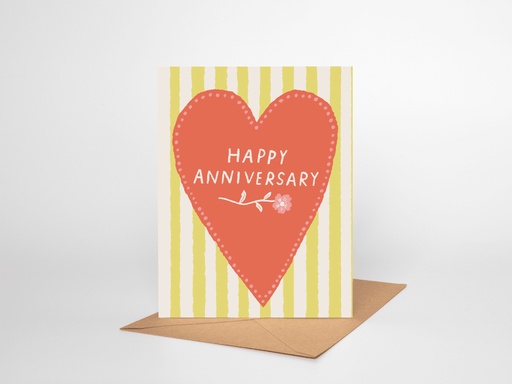 Happy Anniversary Card | Big Red Heart with Yellow Stripes - Needle and Grain