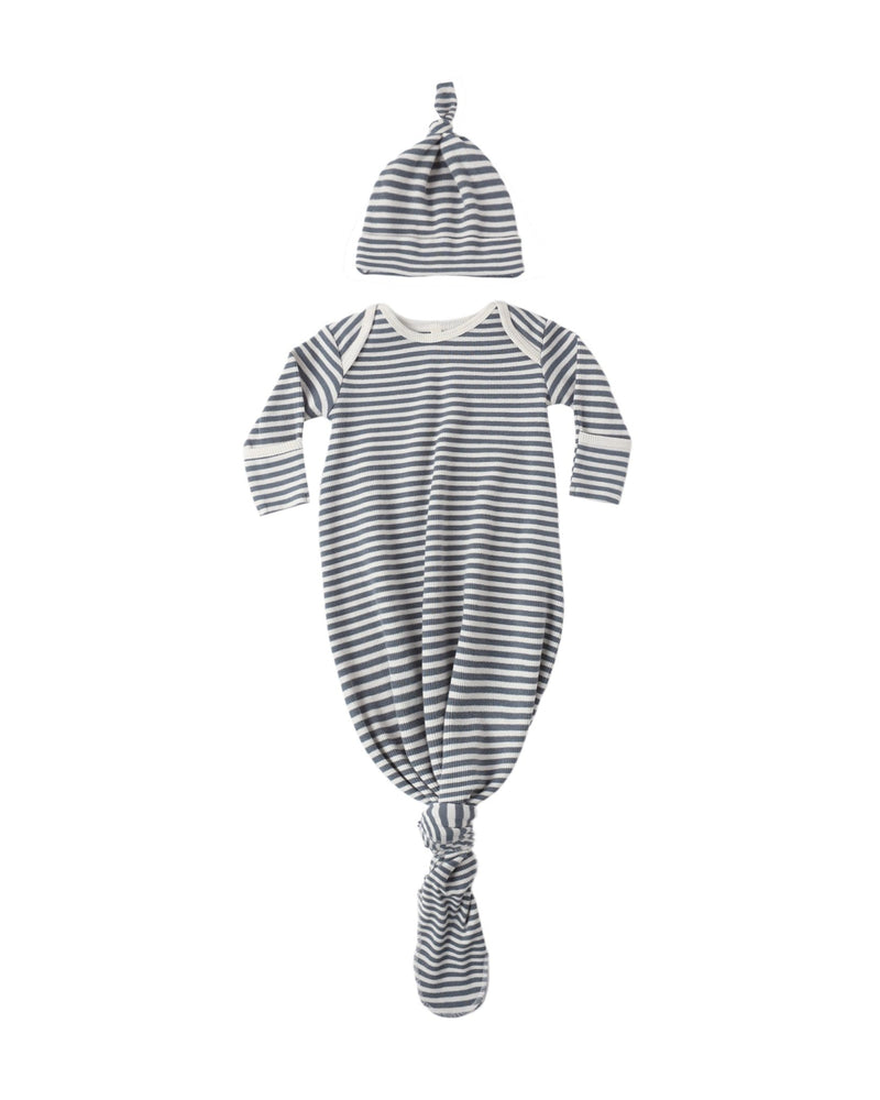 Knotted Baby Gown + Hat Set in Ocean Stripe - Needle and Grain