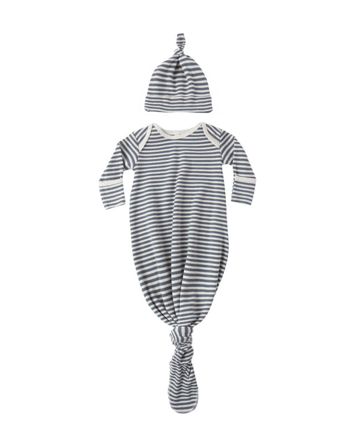 Knotted Baby Gown + Hat Set in Ocean Stripe - Needle and Grain