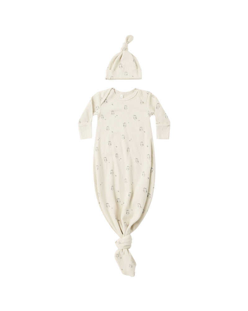 Knotted Baby Gown + Hat Set in Owls - Needle and Grain