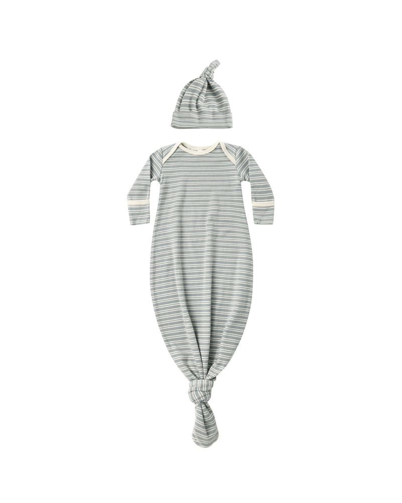 Knotted Baby Gown + Hat Set in Steel Blue Micro Stripe - Needle and Grain