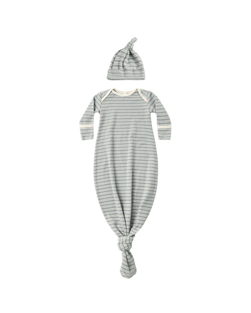 Knotted Baby Gown + Hat Set in Steel Blue Micro Stripe - Needle and Grain