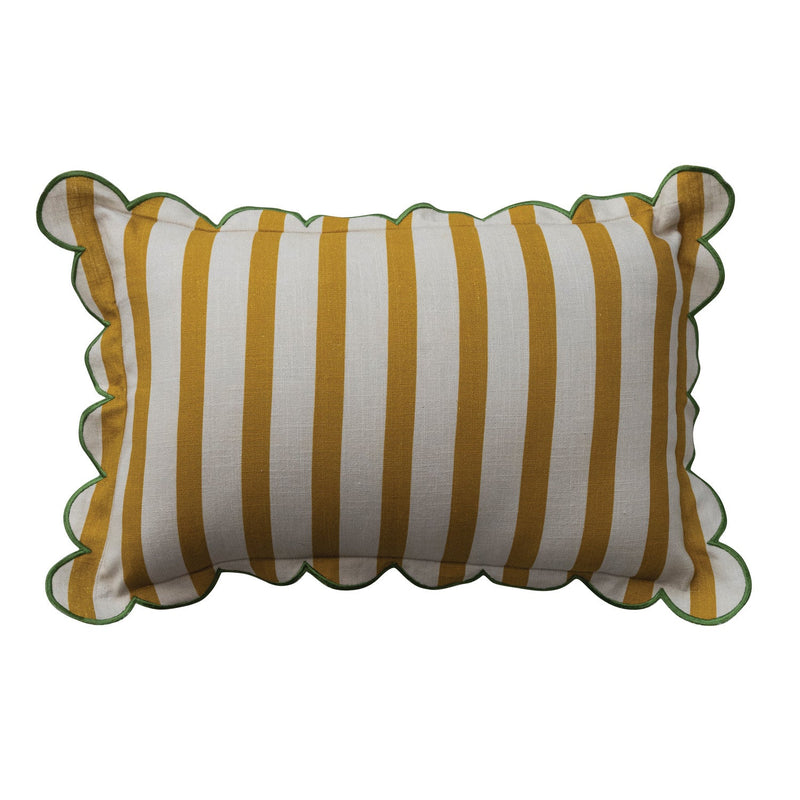 Mustard Cotton Striped Lumbar Pillow with Scalloped Edge - Needle and Grain