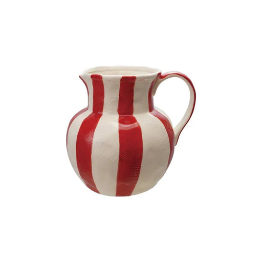 Red and White Stripe Stoneware Pitcher - Needle and Grain