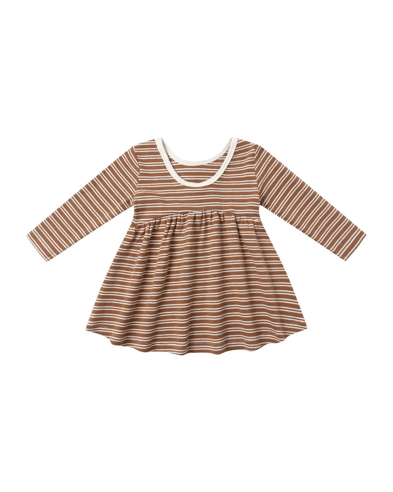 Ribbed Long Sleeve Dress in Cedar Micro Stripe - Needle and Grain