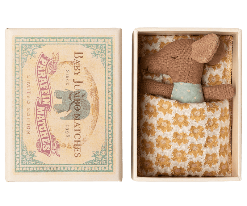 Sleepy Wakey Baby Mouse in Matchbox in Blue - Needle and Grain
