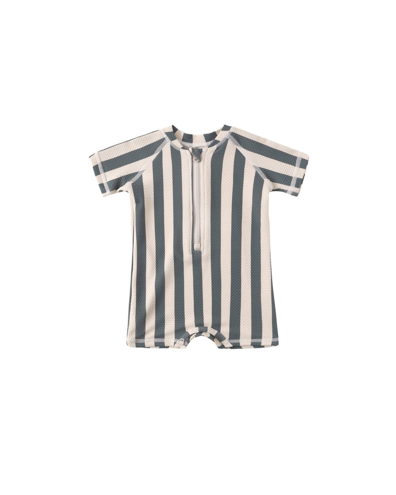 Zip Rashguard One - Piece in Ocean Retro Stripe - Needle and Grain